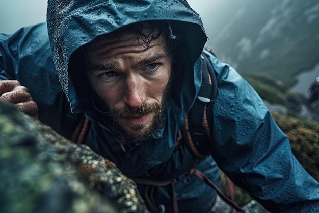 AI generated image of a young man walking up a hillside in the rain doing mountaineering