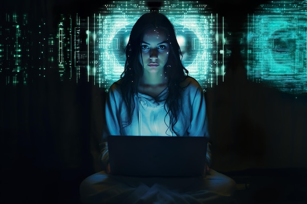 AI generated image of young woman on laptop as hacker High quality photo