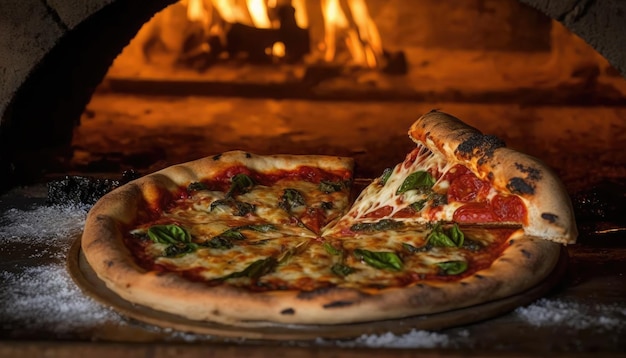 AI generated of italian traditional pizza cooked in old fashioned wood fired oven