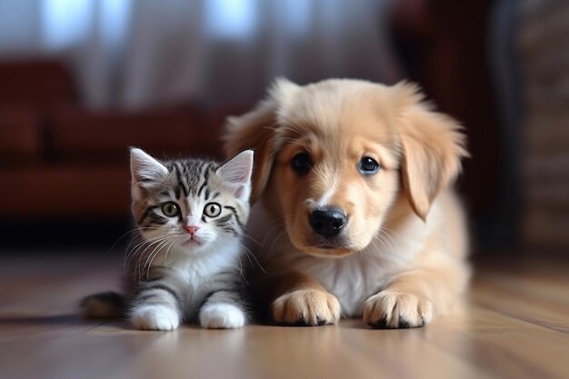 写真 aiが作成した子猫と子犬が部屋の床に座っている