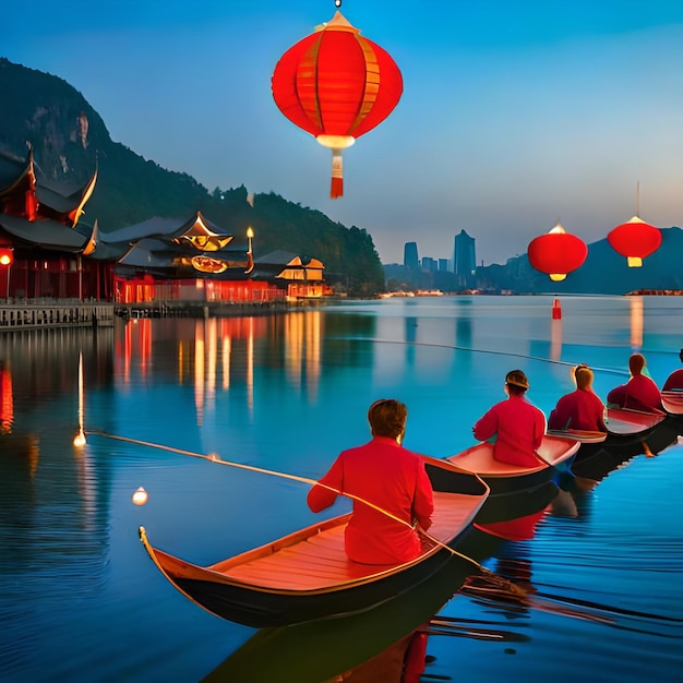 Ai generated large building with a red lantern on the front is lit up at night