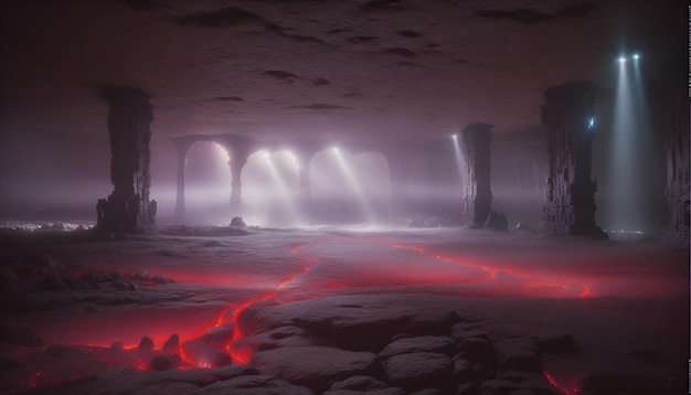 AI が生成したファンタジー シーンの溶岩洞窟