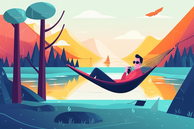 Photo ai generated man lying on hammock enjoying lake view colorful