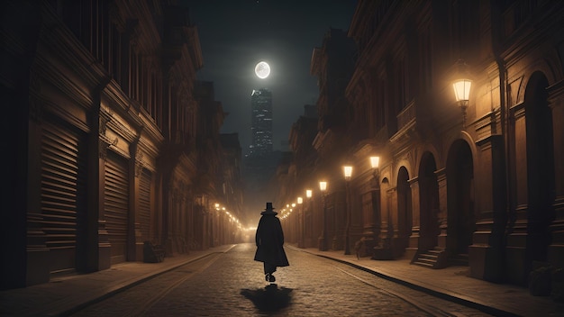 AI generated a man walking alone in a foggy urban night street scene