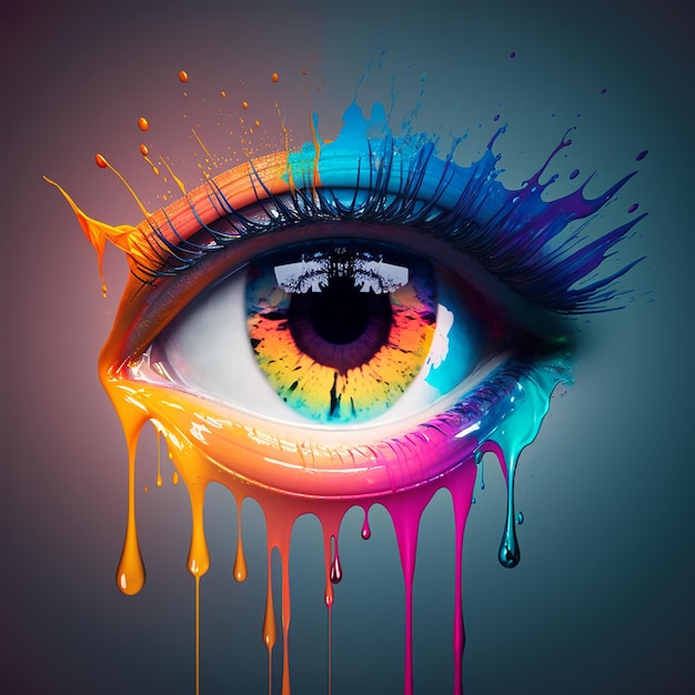 Ai generated many colors in the eyes photos illustration of multicolored female eye with dripping