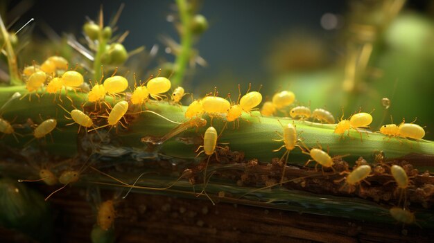 AI Generated many yellow aphids insects laying eggs on plants images