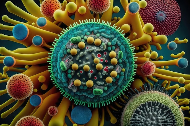写真 ai 生成ウイルス 細菌微生物癌細胞分離の異なる色の医療イラスト