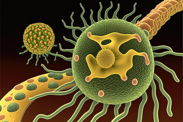 L'intelligenza artificiale ha generato l'illustrazione medica dell'isolamento delle cellule tumorali dei batteri del virus dei batteri di diversi colori