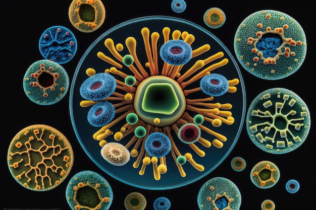 Foto l'intelligenza artificiale ha generato l'illustrazione medica dell'isolamento delle cellule tumorali dei batteri del virus dei batteri di diversi colori
