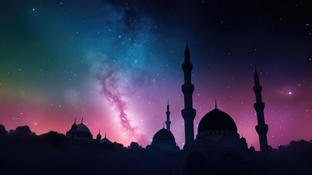 AI generated Mosque against the colorful starry sky background