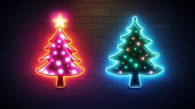 AI Generated neon Christmas tree light on the wall