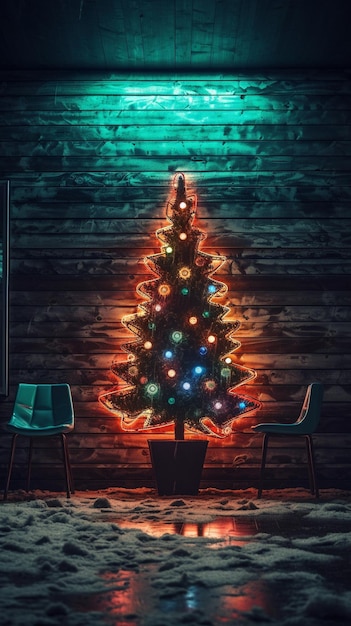 Foto la luce neon dell'albero di natale generata dall'ai sul muro