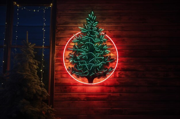 Photo ai generated neon christmas tree light on the wall