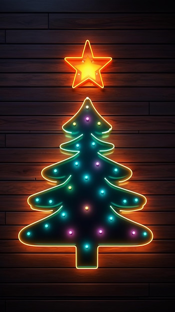 Foto la luce neon dell'albero di natale generata dall'ai sul muro