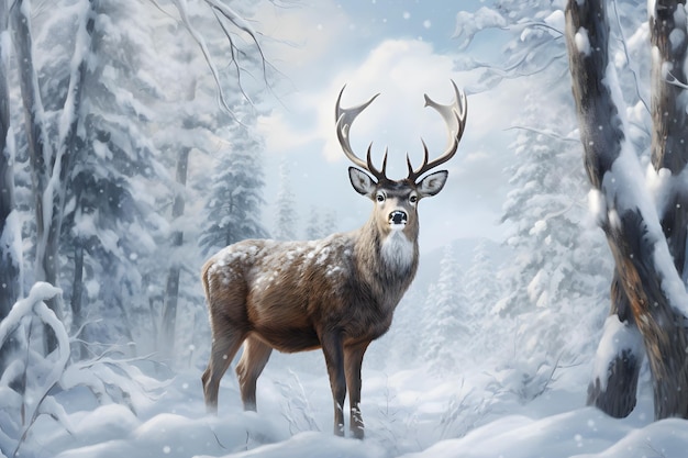 AI Generated Noble Male Deer in Winter Snow Forest