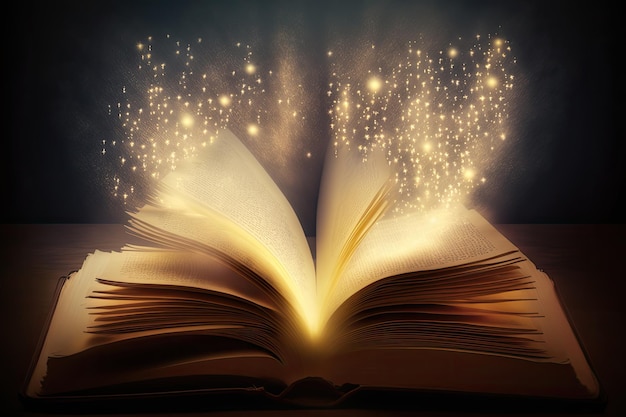 Photo ai generated old magic open glows book with shining sparkling bokeh rays at pages