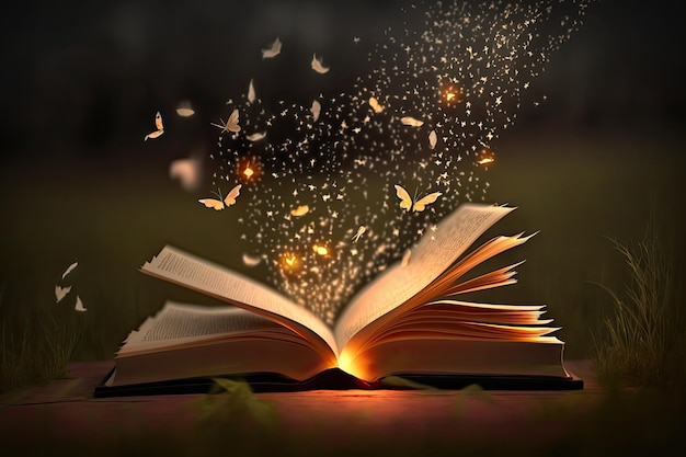 AI generated old magic open glows book with shining sparkling bokeh rays at pages