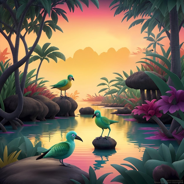 AI generated painterly image of the exotic birds mangrove forest in surreal landscape