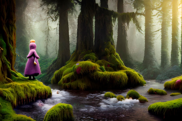 Photo ai generated painterly image of someone lost in the beautiful enchanted forest