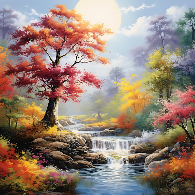 AI generated painting of Waterfall in Autumn