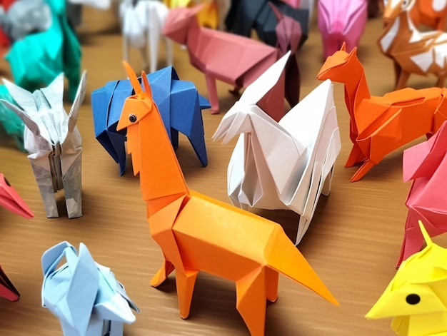 Photo an ai generated paper made origami horses