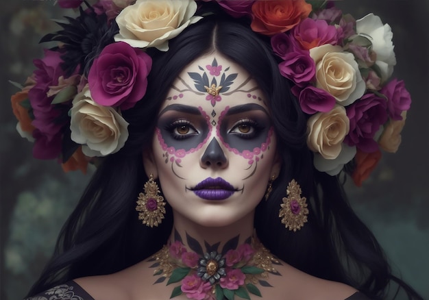 AI generated photo of a beautiful woman elegantly dressed as a catrina