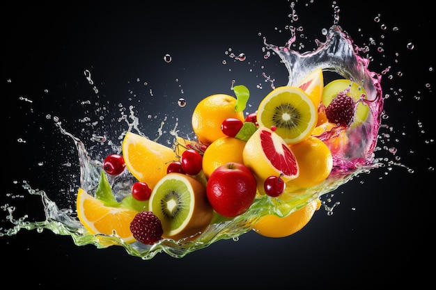 Сгенерированная AI фотография красочных фруктовых брызг на простом фоне брызг сока