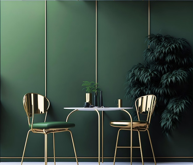 緑の壁紙に Ai で生成された写真の金色の線、テーブル、椅子、ミニマリスト スタイルの花瓶