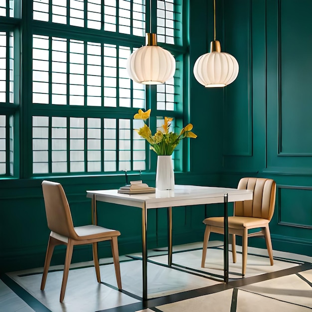 Ai generated photo golden lines on green wallpaper a table a chair and a vase with minimalist style