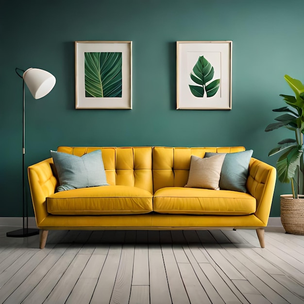 Photo ai generated photo golden lines on green wallpaper a table a chair and a vase with minimalist style