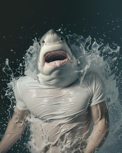 Фото Искусственный интеллект сгенерировал фотографию гуманизированной акулы в футболке, выходящей из воды.