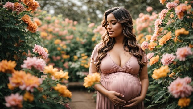 AI generated photo of a pregnant woman in a garden full of flowers