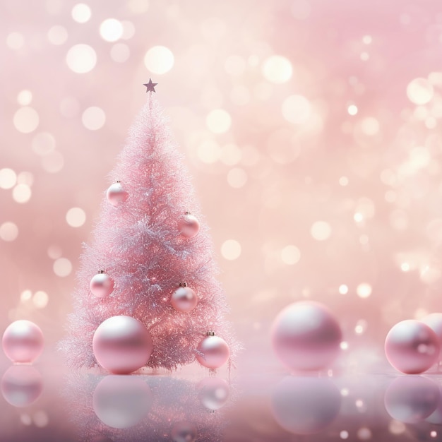 AI Generated pink Christmas tree with bauble hanging on the Christmas tree with sparkling light spot on the snow ground