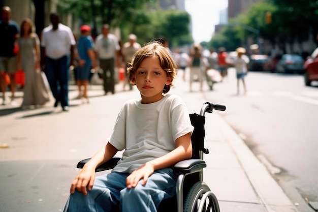 AI generated portrait of candid authentic disabled child boy sadness emotion in wheelchair outdoor