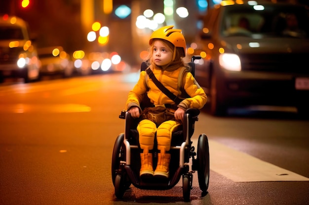 AI generated portrait of candid authentic disabled child girl sad emotion in wheelchair outdoor fall