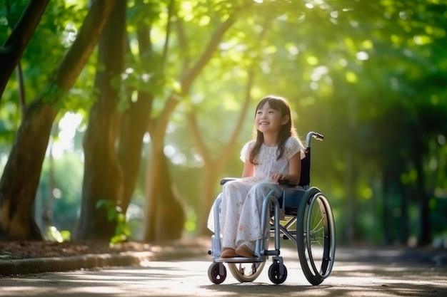 人工知能 (AI) によって作成された本物の障害児の肖像画 - 車椅子の外で悲しみを感じる少女