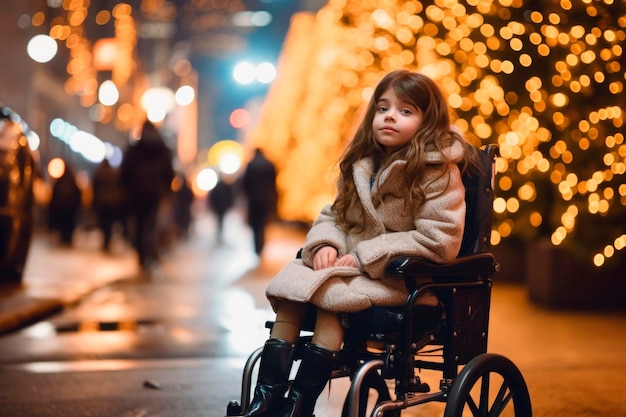 AI generated portrait of candid authentic disabled sad child girl in wheelchair outdoor winter