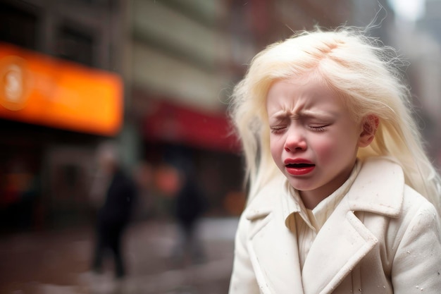 AI generated portrait of candid authentic fright albino little girl at urban street background