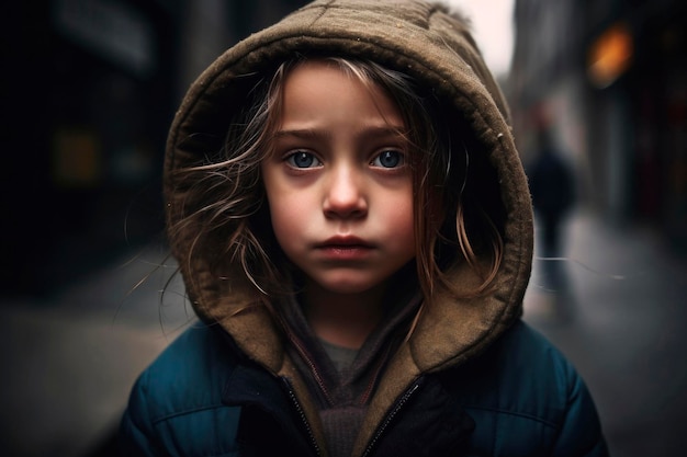 AI generated portrait of candid authentic fright homeless little girl at urban street background