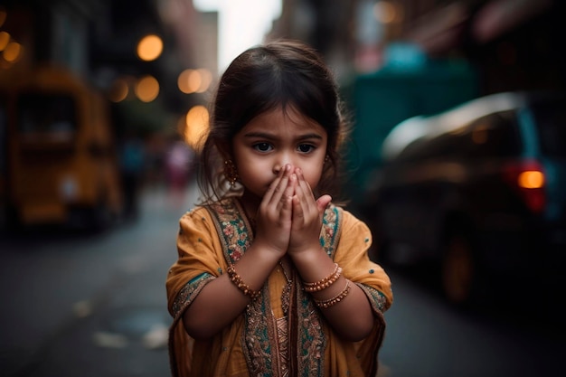 AI generated portrait of candid authentic fright Indian little girl at urban street background