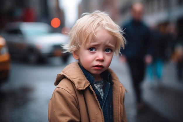 ИИ сгенерировал портрет откровенного аутентичного испуганного маленького мальчика-блондина на фоне городских улиц