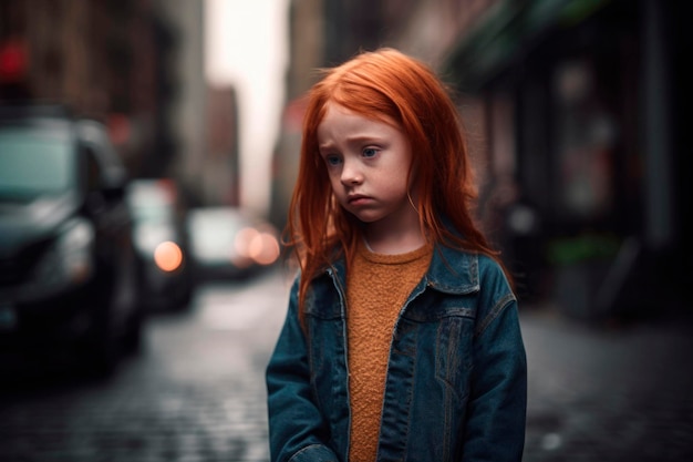 AI generated portrait of candid authentic fright redhair little girl at urban street background