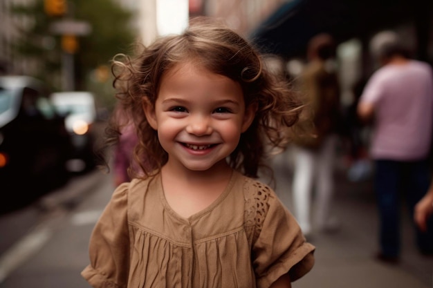 都市の通りの背景に AI が生成した、率直で本物の幸せな茶色の髪の白い子供の肖像画