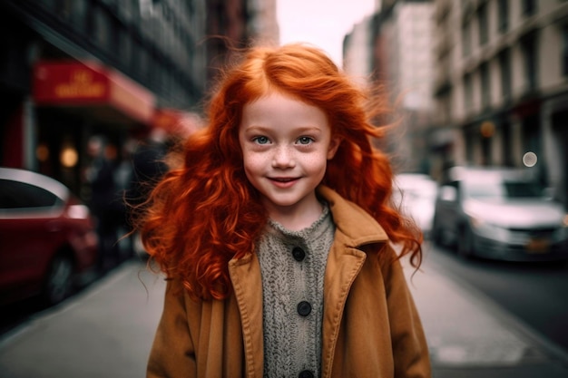 AI는 도시의 거리 배경에서 솔직하고 행복한 빨간 머리 백인 아이의 초상화를 생성했습니다.