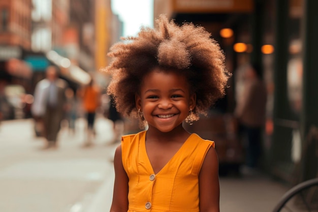 AI generated portrait of candid authentic joyful african american girl at urban street background