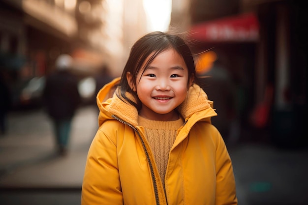 都市の通りの背景にAIが生成した、率直で本物の楽しい幸せなアジアの子供のポートレート