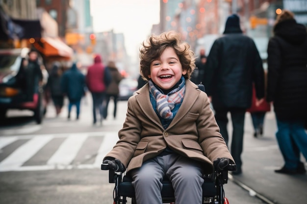 Photo ai generated portrait of candid authentic joyful happy disabled child boy in wheelchair outdoor fall