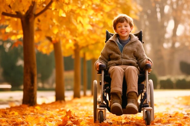 AI generated portrait of candid authentic joyful happy disabled child boy in wheelchair outdoor fall