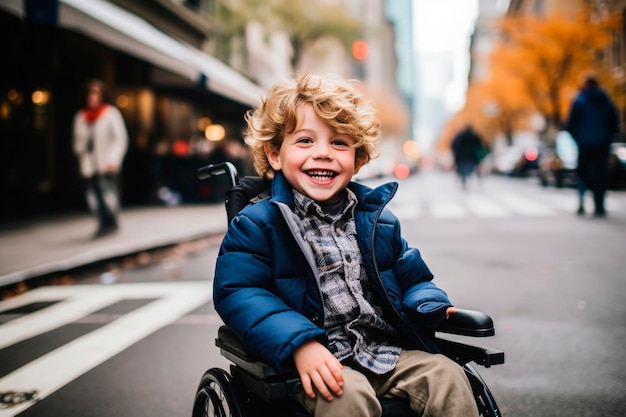 Созданный ИИ портрет откровенного аутентичного радостного счастливого мальчика-инвалида в инвалидной коляске осенью на открытом воздухе