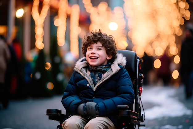 Созданный ИИ портрет искреннего аутентичного радостного счастливого ребенка-инвалида мальчика-инвалида зимой на открытом воздухе